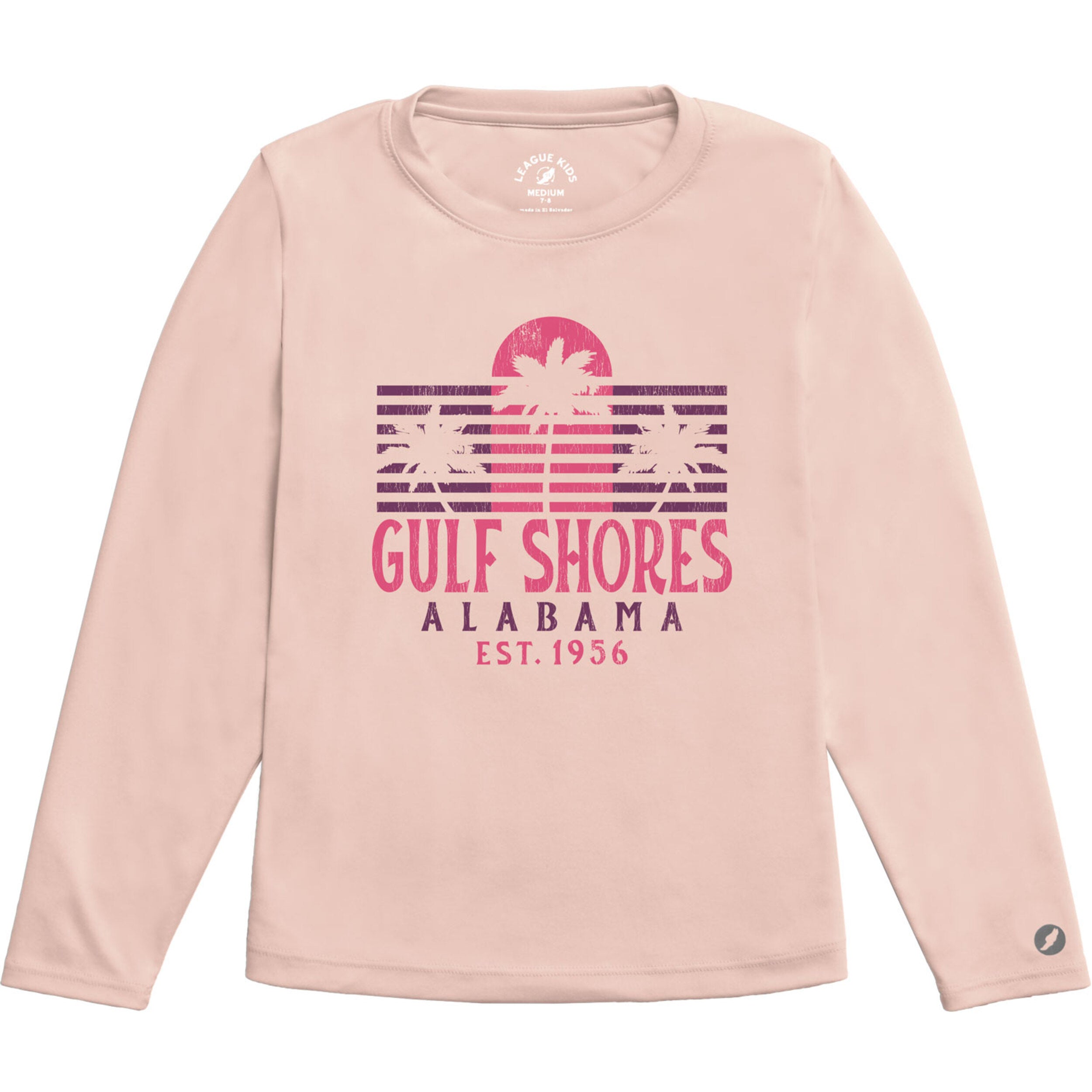 Pink youth long-sleeve shirt with 'Gulf Shores, Alabama' graphic on a white background