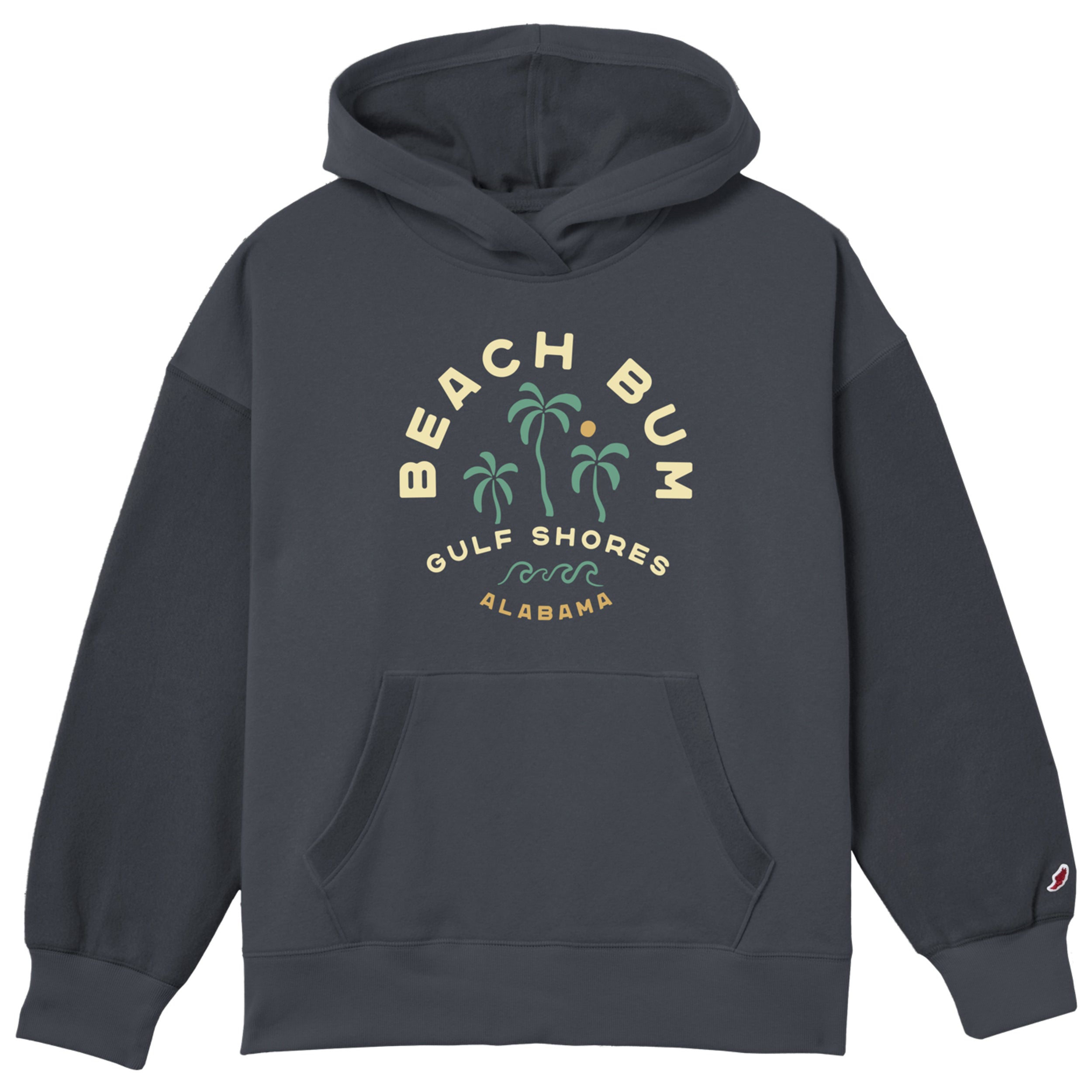 Navy hoodie with 'Beach Bum Gulf Shores Alabama' text and palm tree design on a white background