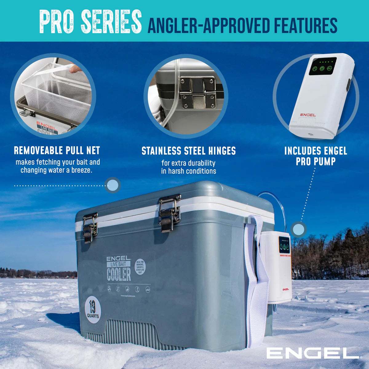 Engel Live bait Pro Cooler with AP3 Rechargeable Aerator & Stainless Hardware