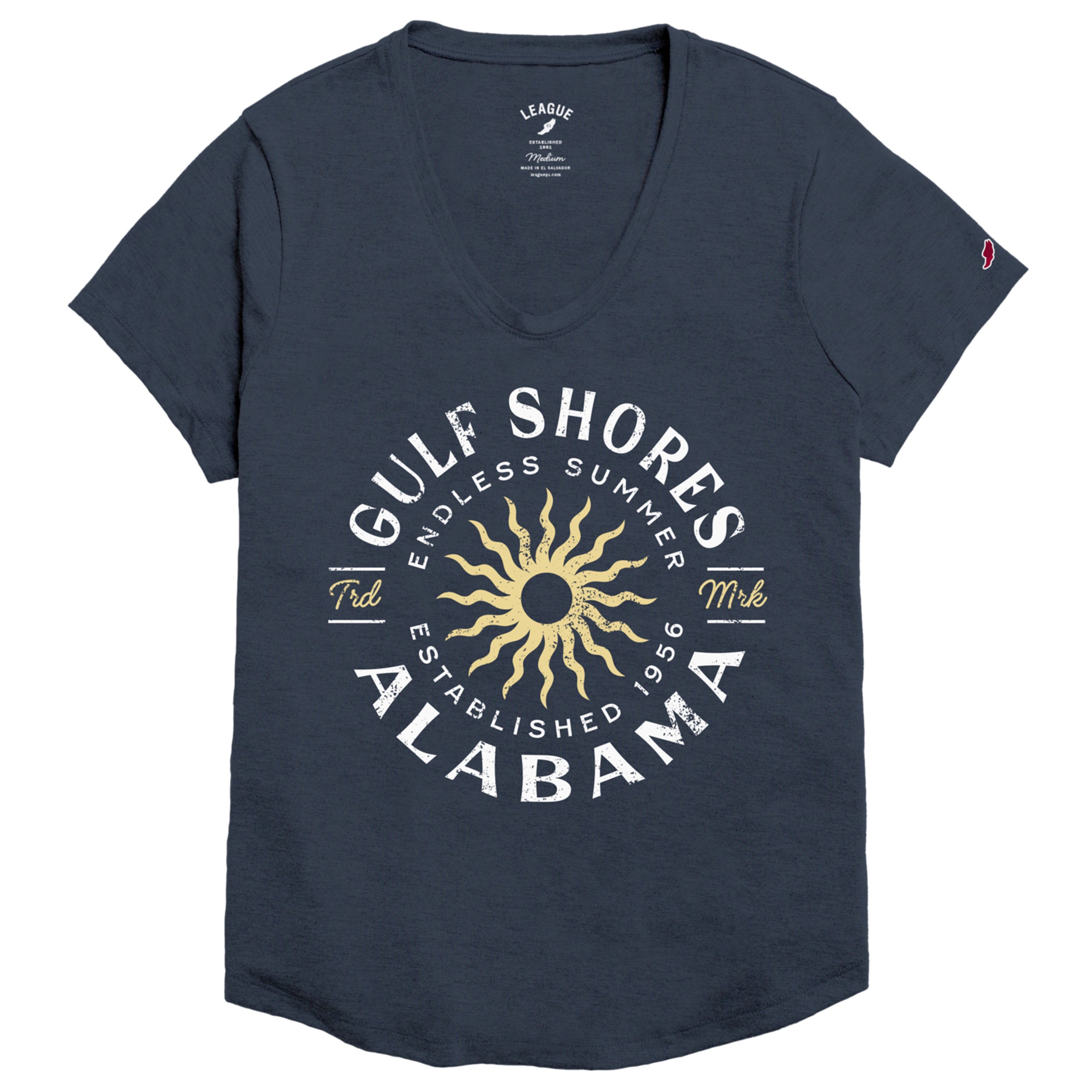 Navy blue voop neck t-shirt with 'Gulf Shores, Alabama' graphic design on a white background