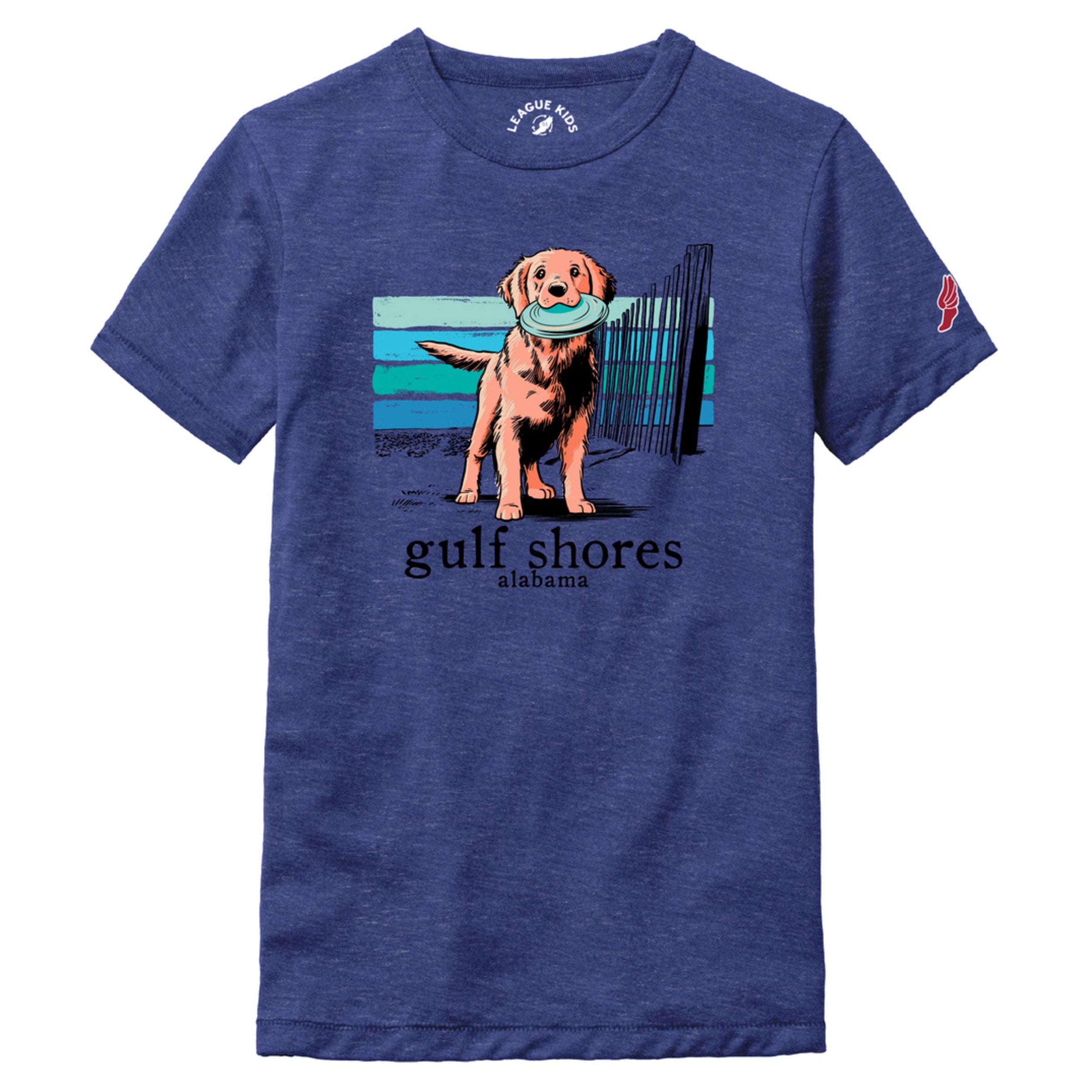 Blue t-shirt with a dog graphic and 'gulf shores, alabama' text on a white background