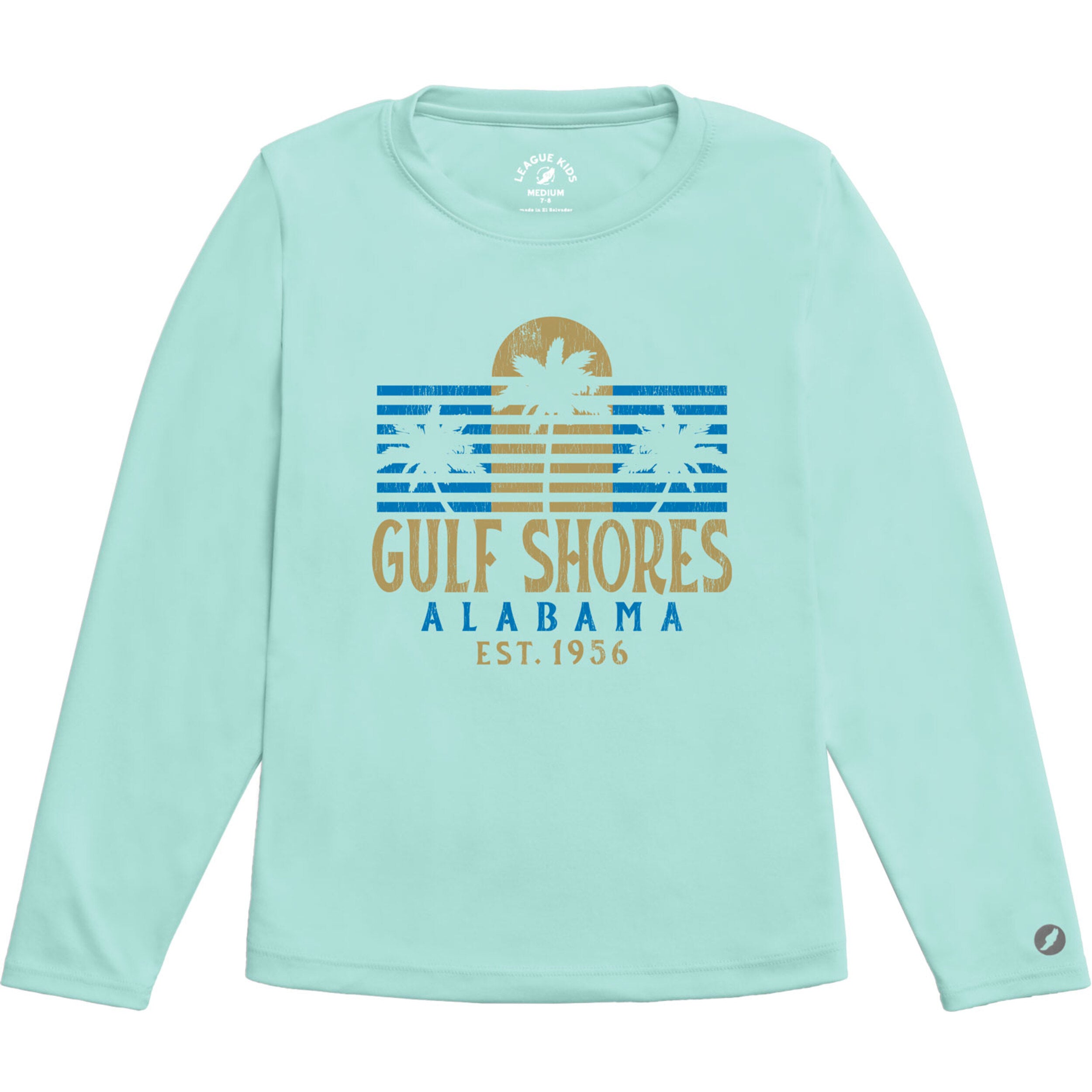 Light blue, youth long-sleeve shirt with 'Gulf Shores, Alabama' graphic on a white background