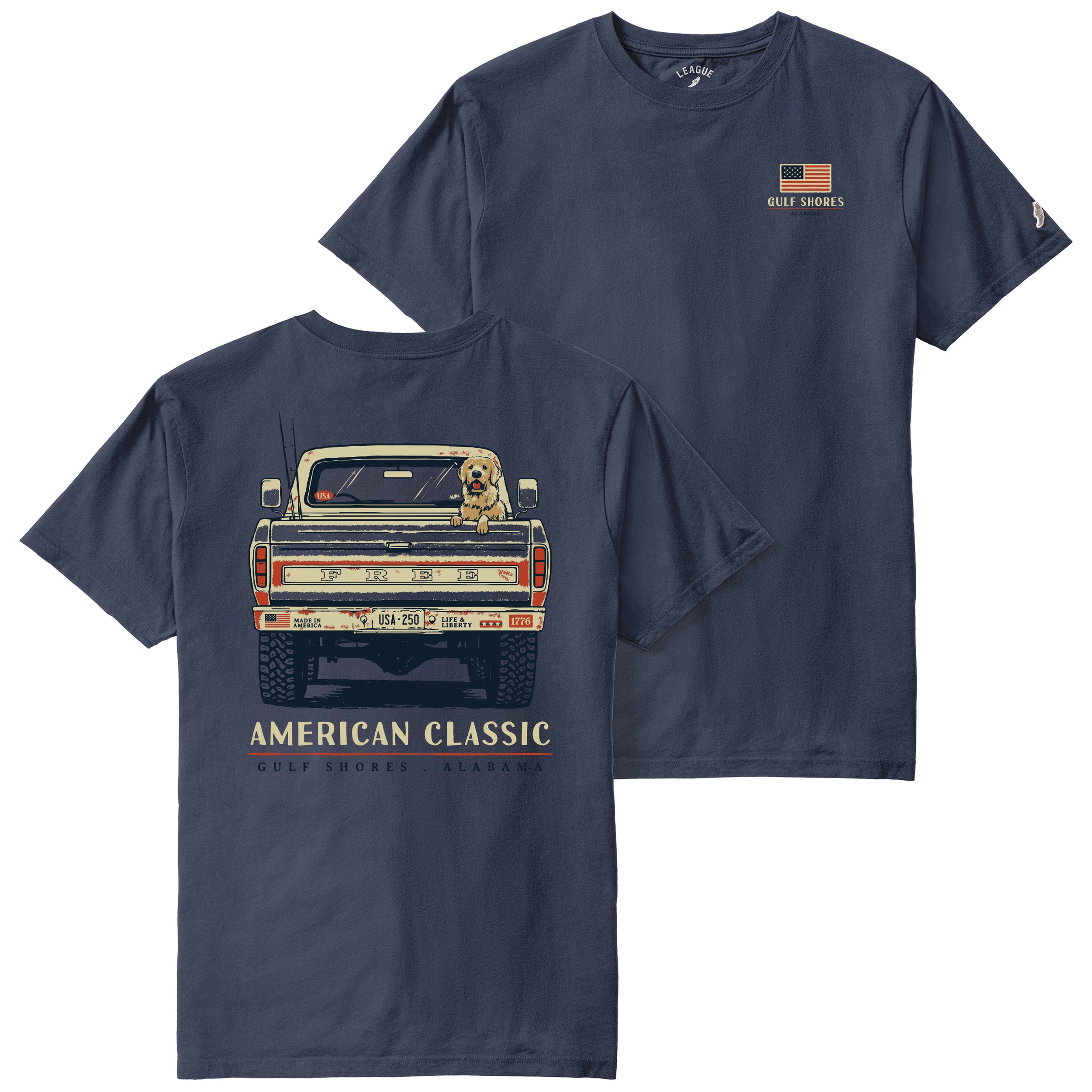 Navy blue t-shirt with a graphic of a truck and dog on the back, and 'American Classic' text.