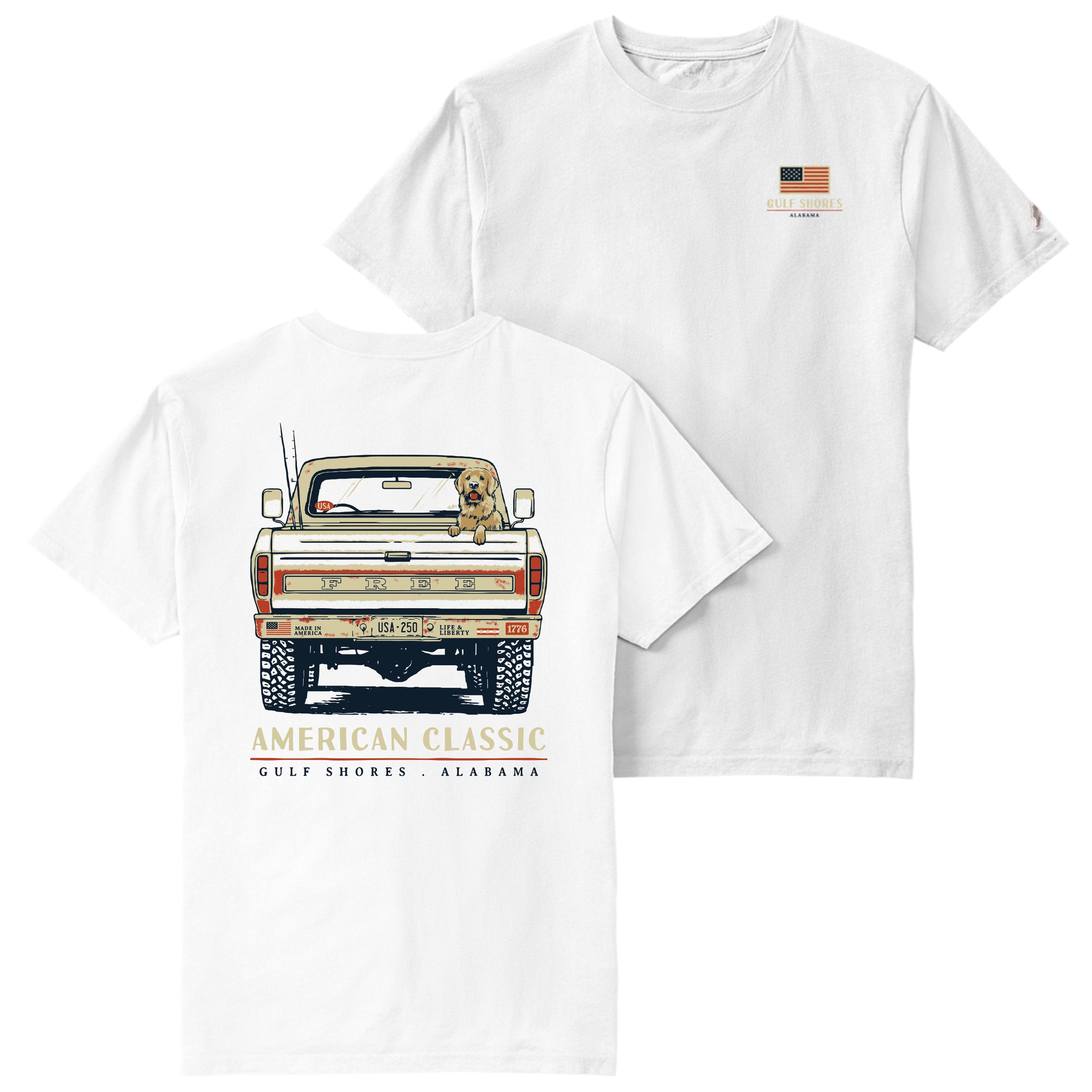 White t-shirt with truck and dog graphic design on a white background