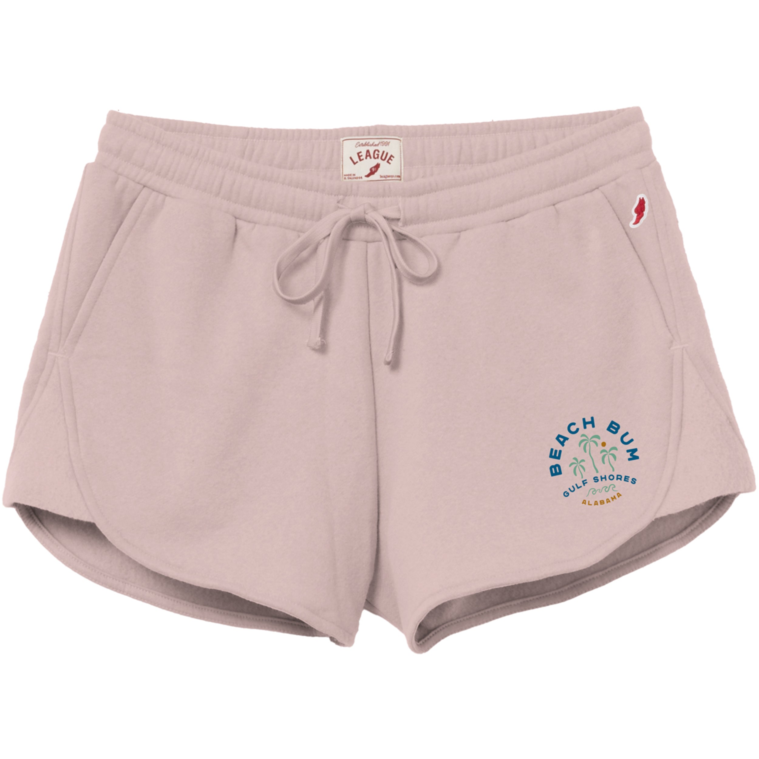 Pink shorts with 'Beach Bum' and palm tree graphic on a white background
