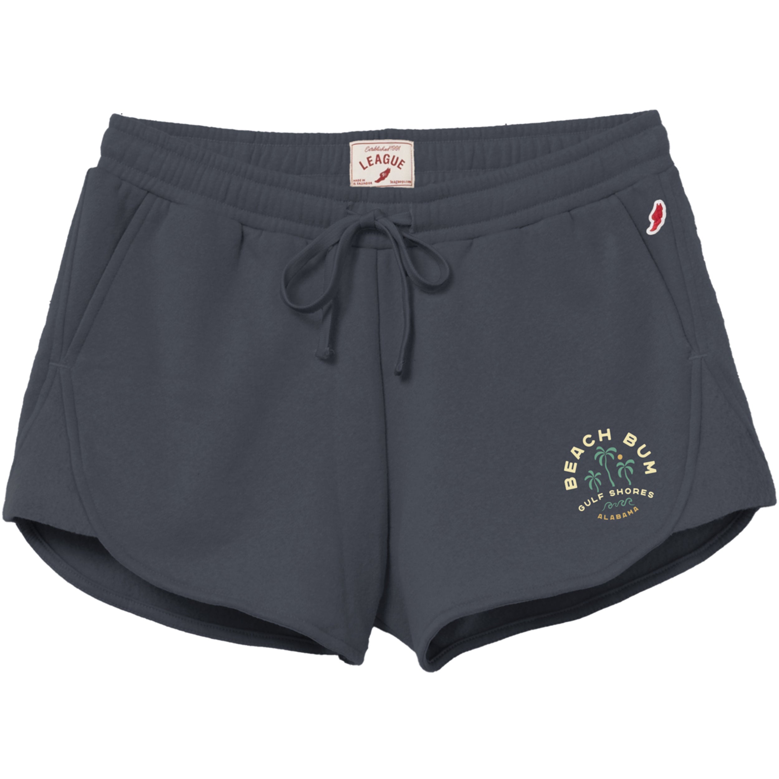 Navy shorts with 'Beach Bum' and palm tree grahpic on a white background