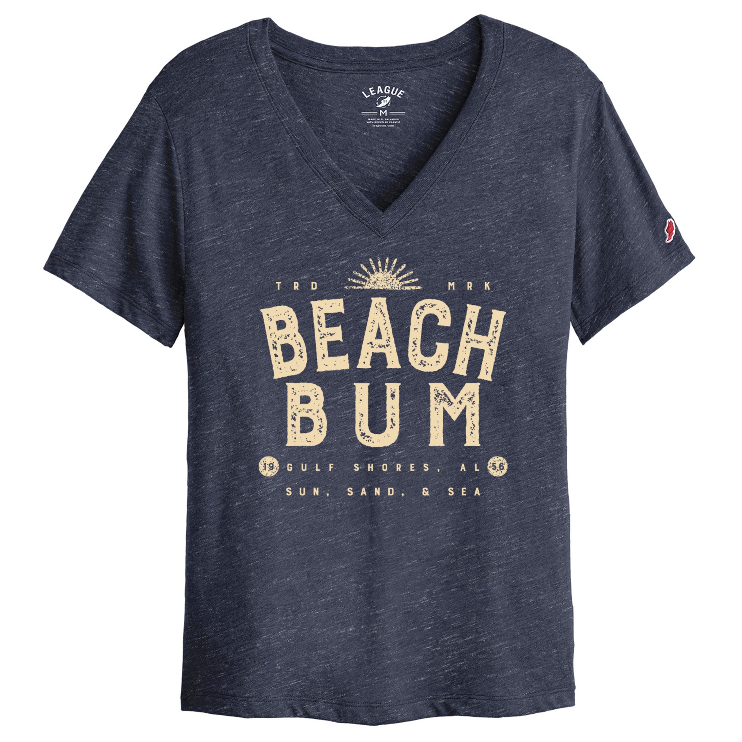 Navy blue v-neck t-shirt with 'Beach Bum' graphic on a white background