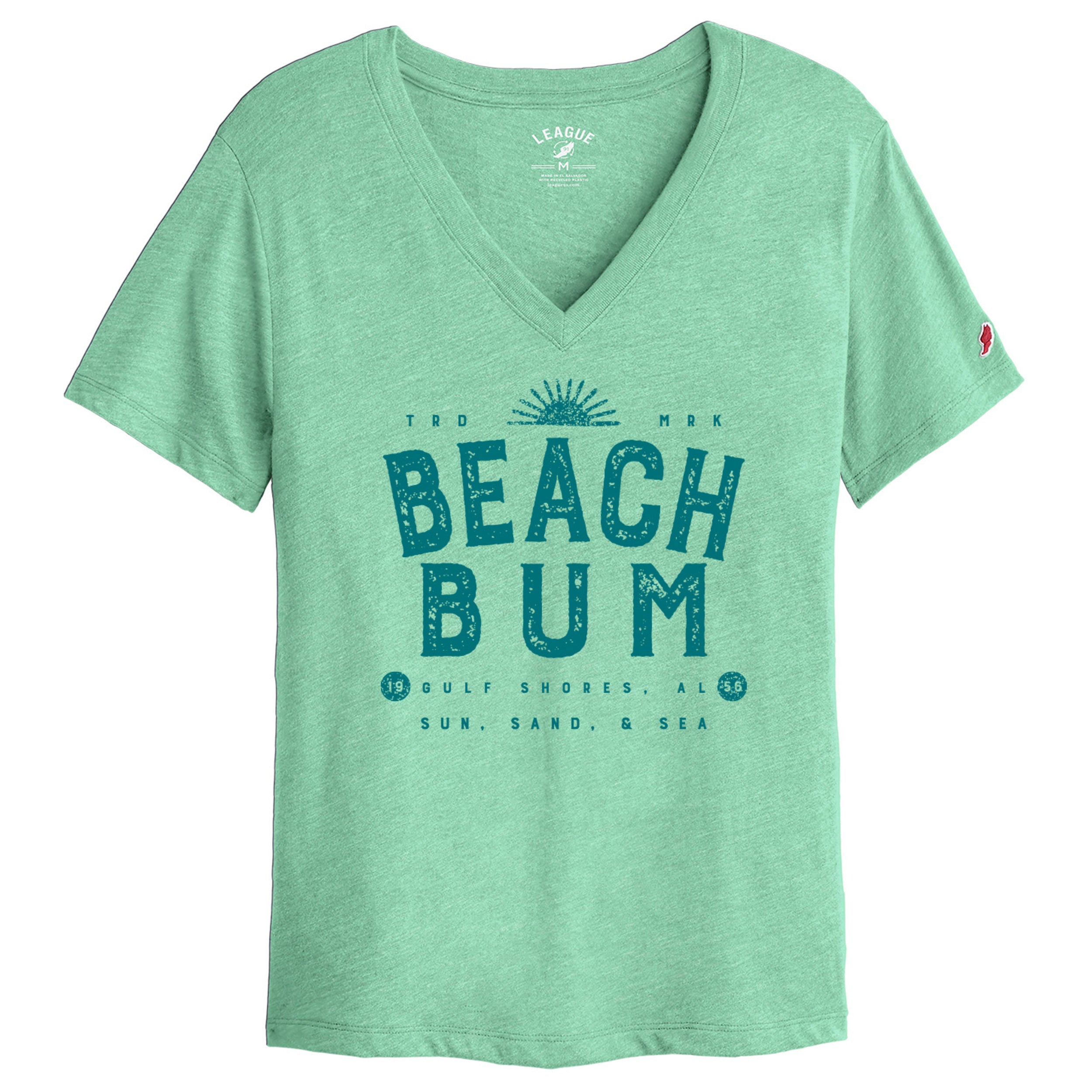 Green v-neck t-shirt with 'Beach Bum' text on a white background