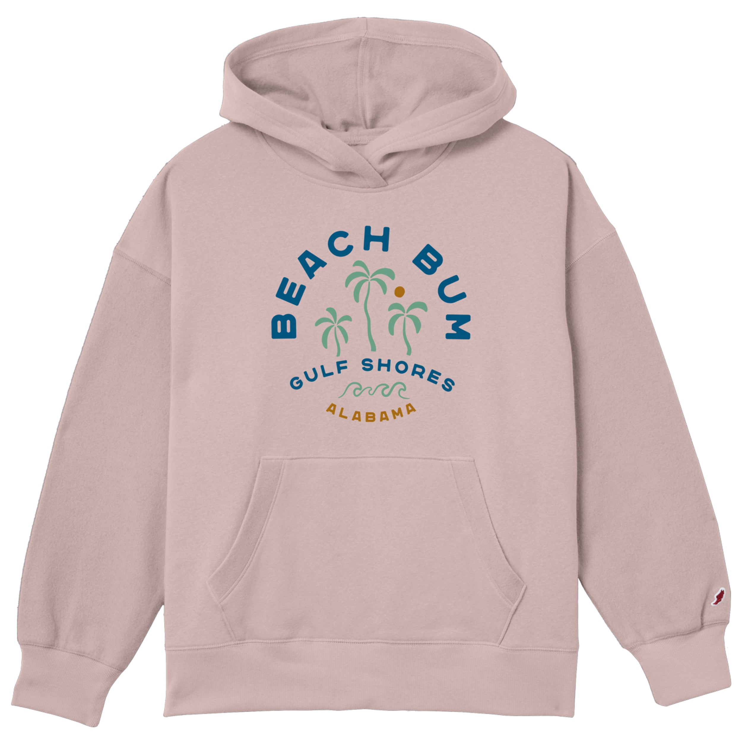Pink hoodie with 'Beach Bum' and palm tree design on a white background