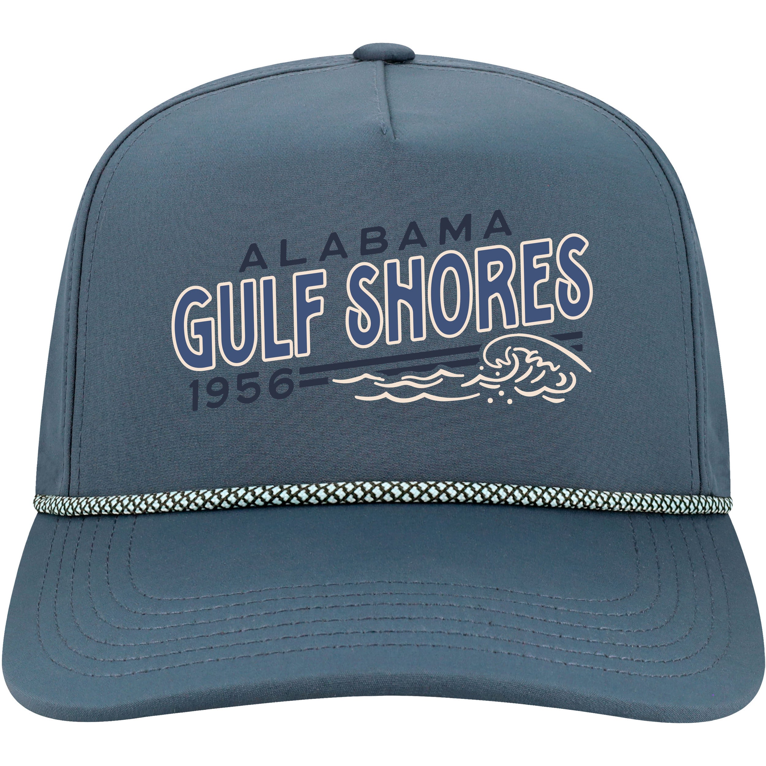 Blue snapback cap with 'Alabama Gulf Shores 1956' text and wave design on a white background