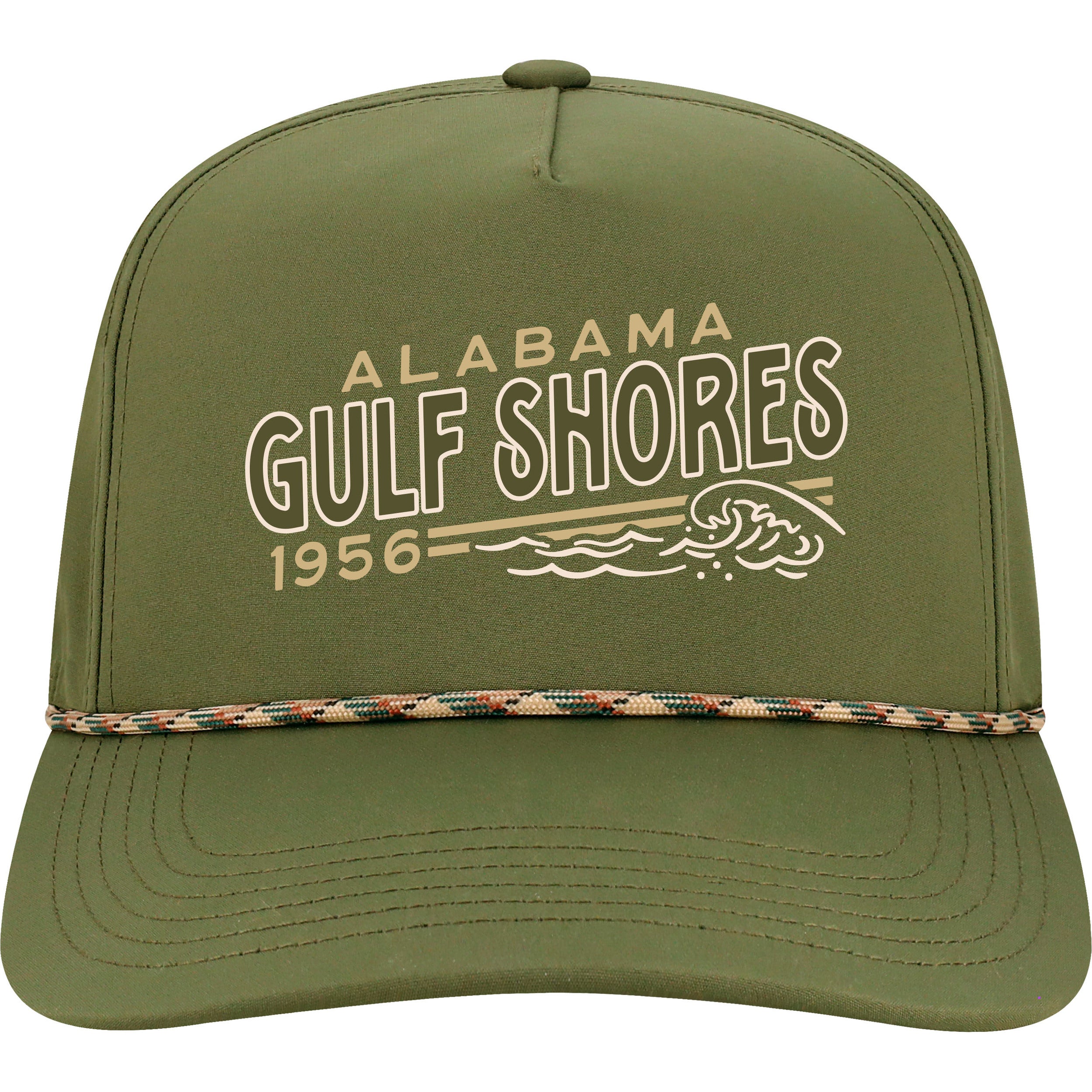 Green snapback cap with 'Alabama Gulf Shores 1956' text and wave design on a white background