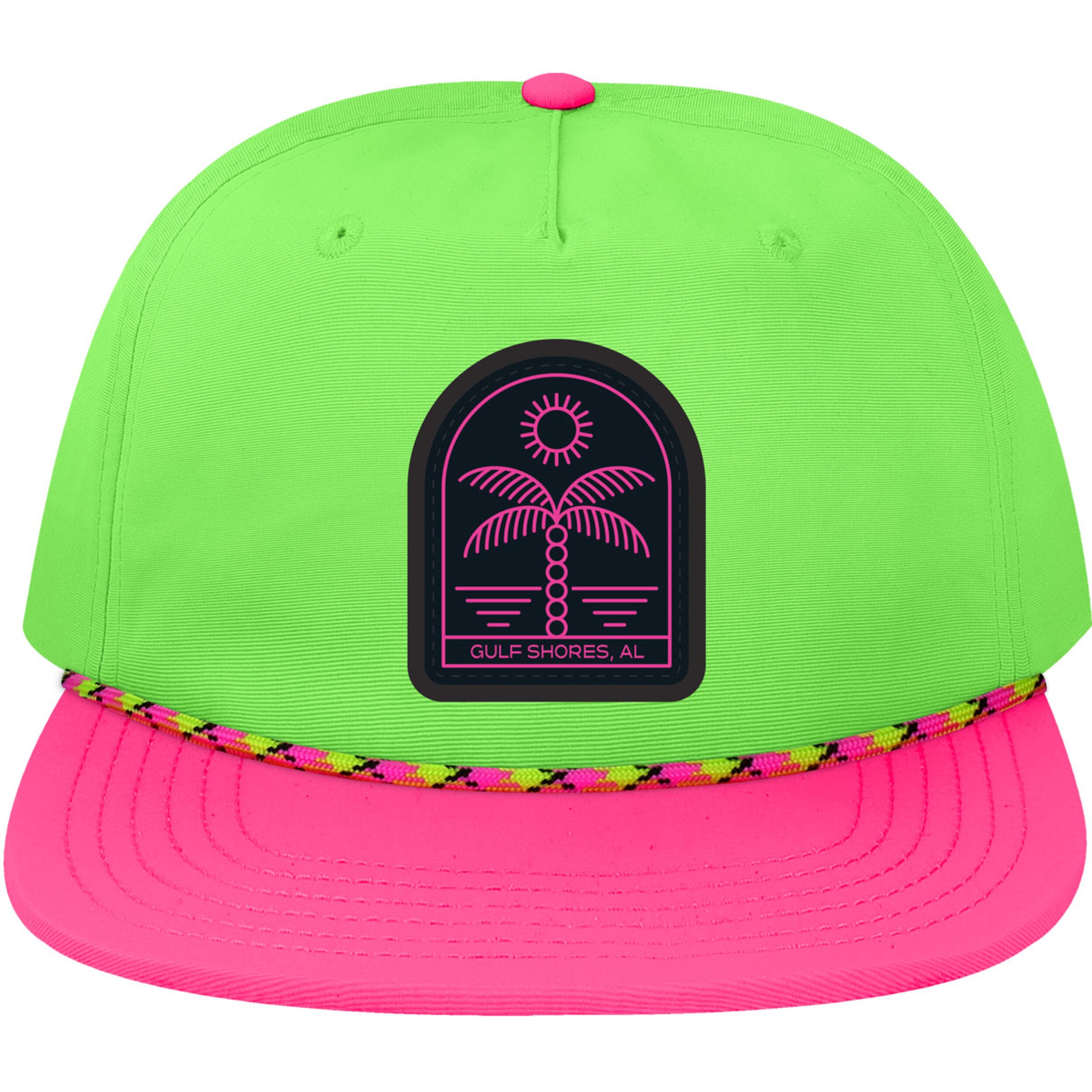 Neon green and pink snapback cap with a palm tree design and 'Gulf Shores, AL' text on a white background
