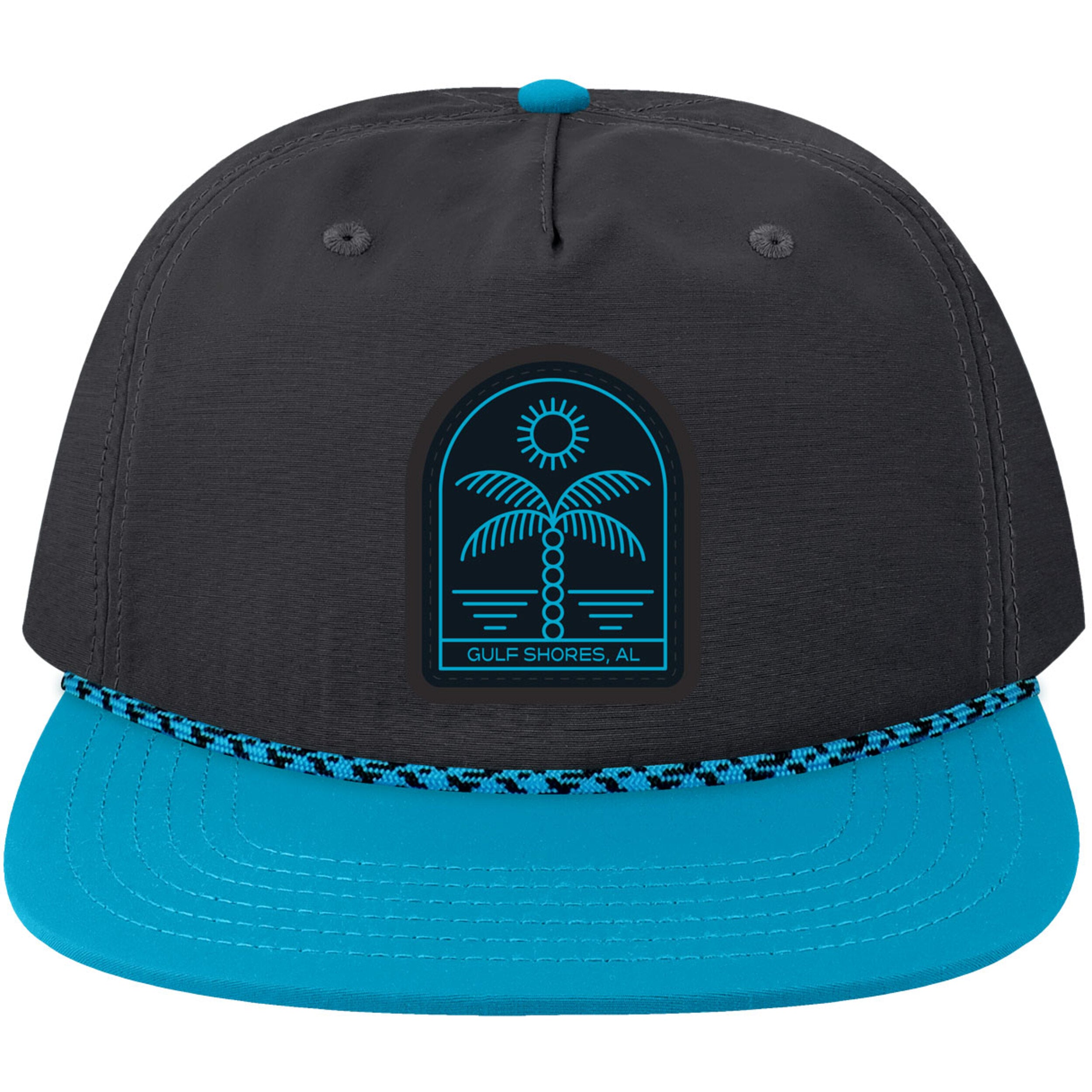 Black and blue snapback cap with palm tree design and 'Gulf Shores, AL' text on a white background