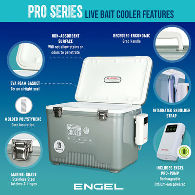 Engel Live bait Pro Cooler with AP3 Rechargeable Aerator & Stainless Hardware