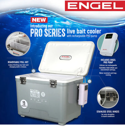 Engel Live bait Pro Cooler with AP3 Rechargeable Aerator & Stainless Hardware