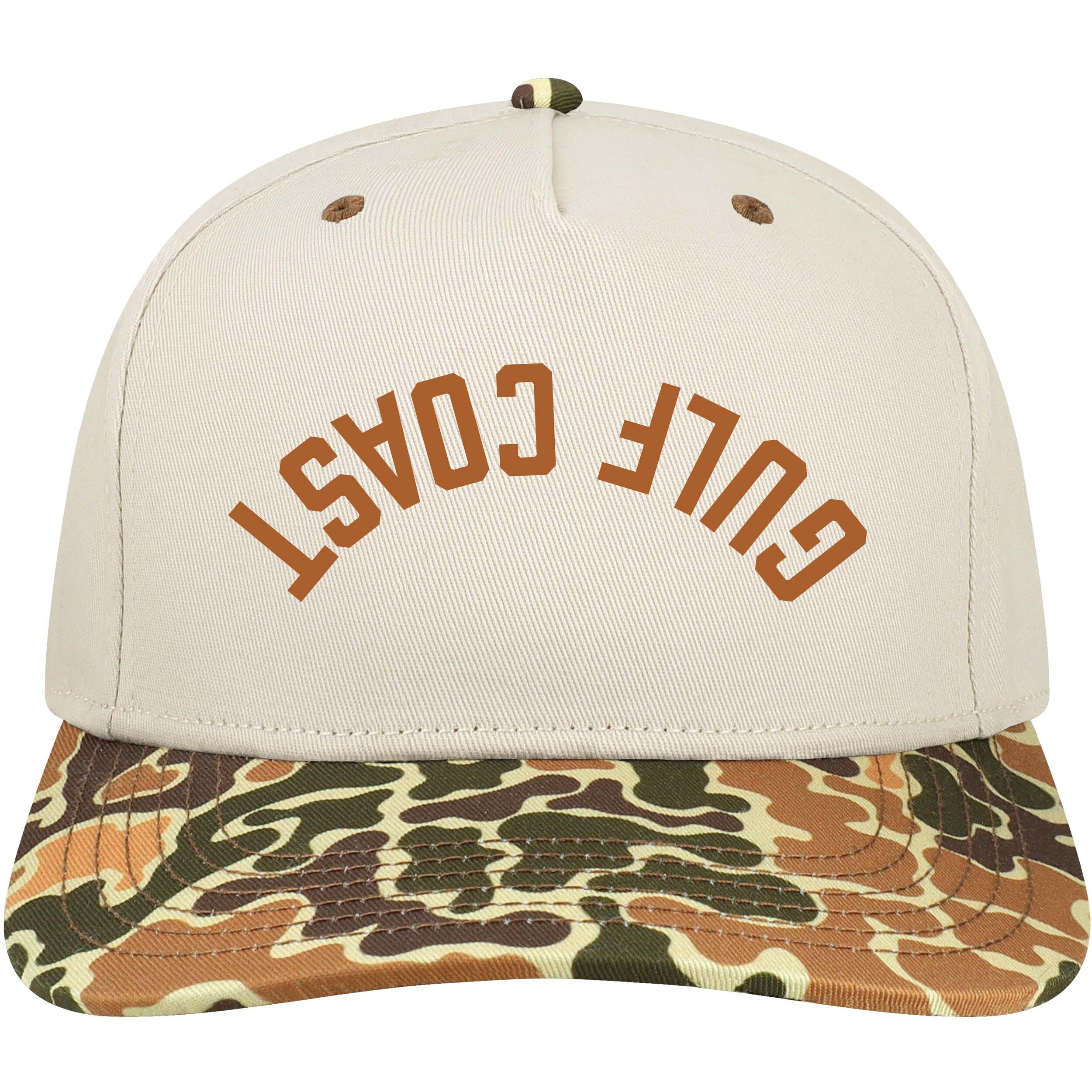 Beige cap with 'Gulf Coast' text and camouflage brim on a white background