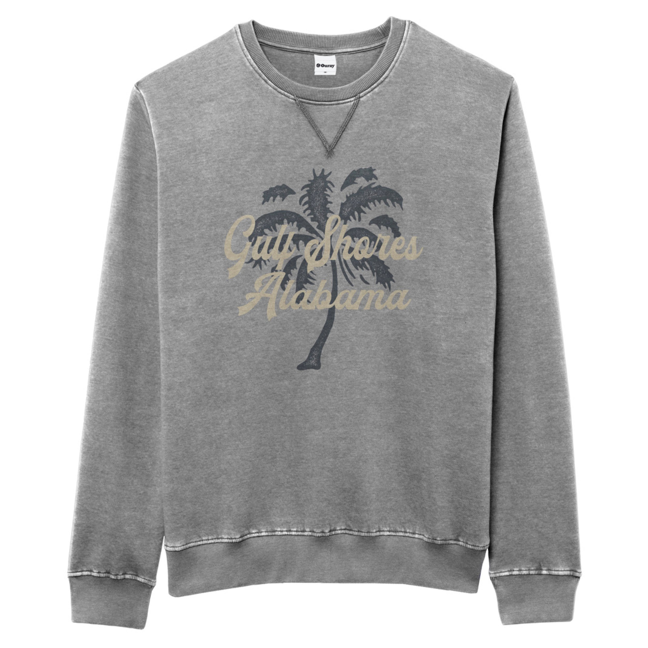 Gray sweatshirt with palm tree design and ' Gulf Shores Alabama' text on a white background