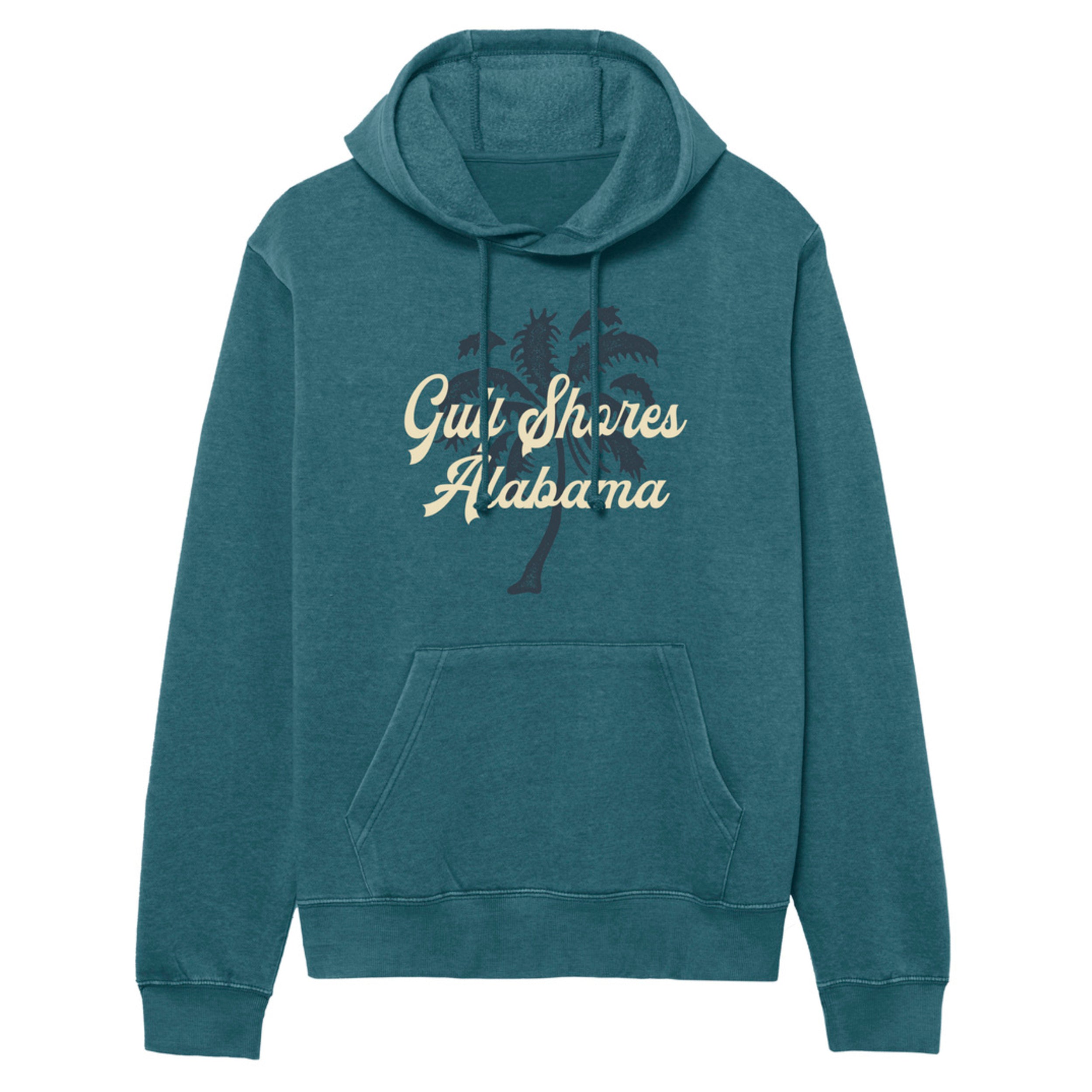 Teal hoodie with 'Gulf Shores Alabama' text and palm tree design on a white background