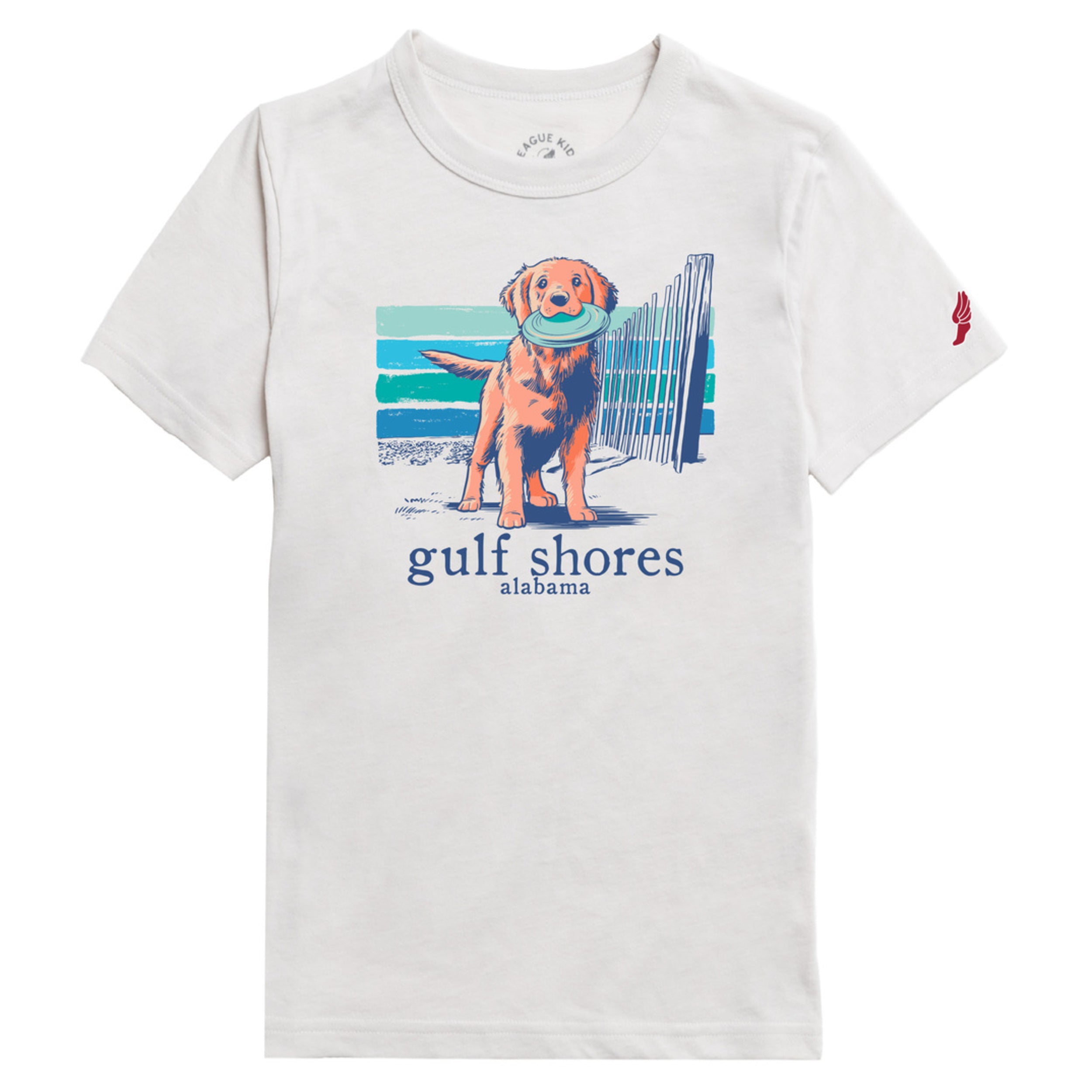 White t-shirt with a dog graphic and 'gulf shores, alabama' text on a white background