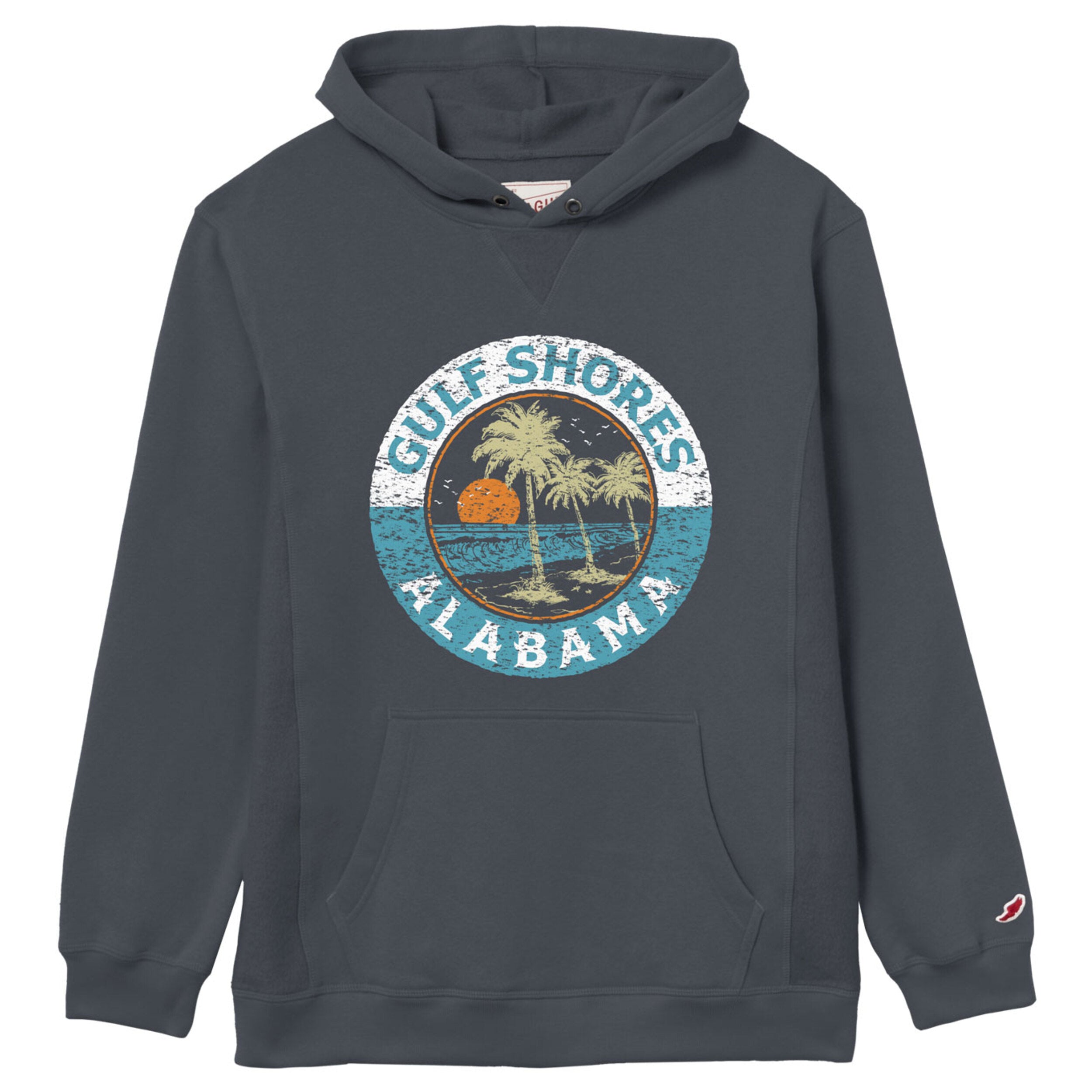 Navy hoodie with 'Gulf Shores, Alabama' graphic on a white background