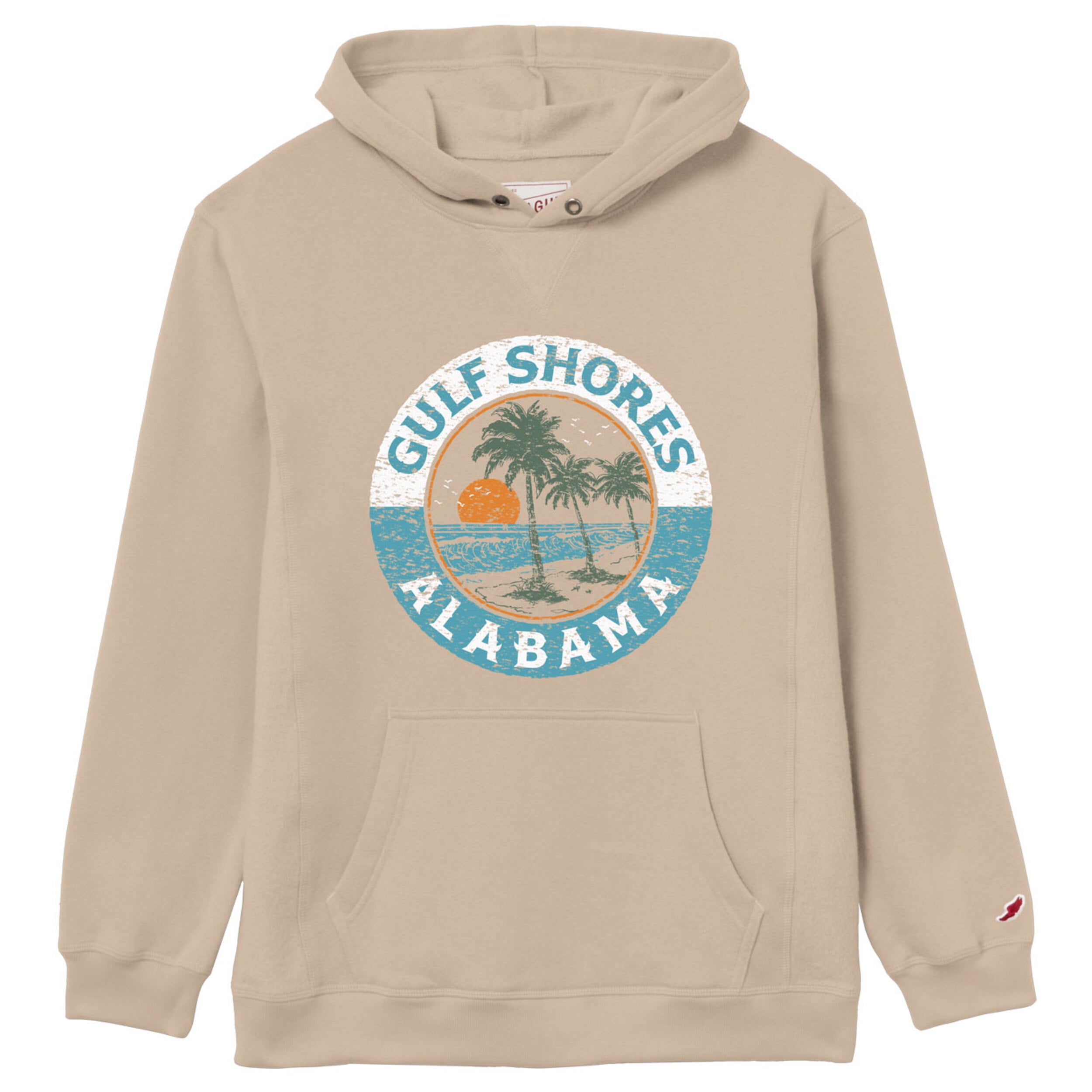 Beige hoodie with 'Gulf Shores, Alabama' graphic on a white background