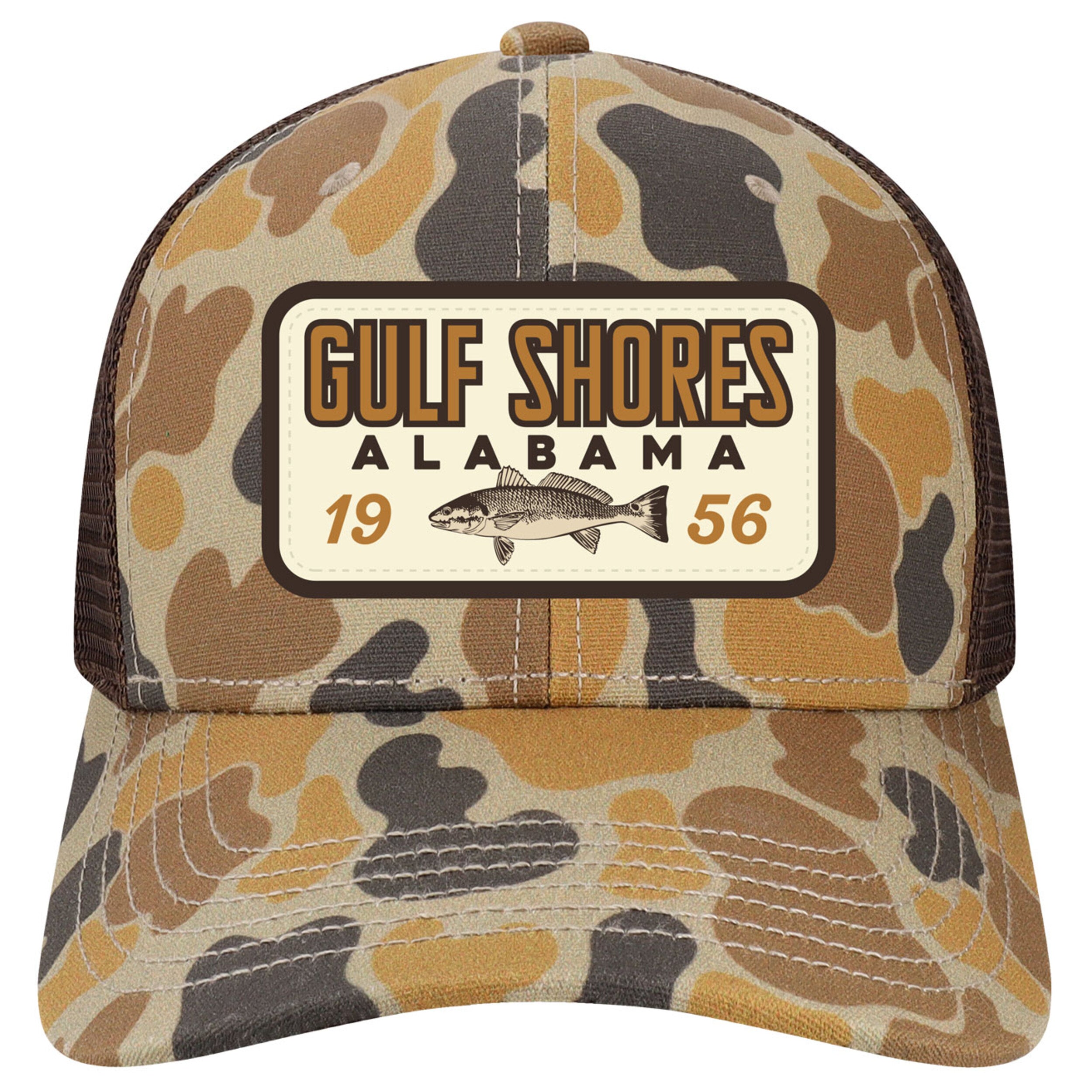 Camouflage cap with 'Gulf Shores, Alabama' text and redfish icon on a white background