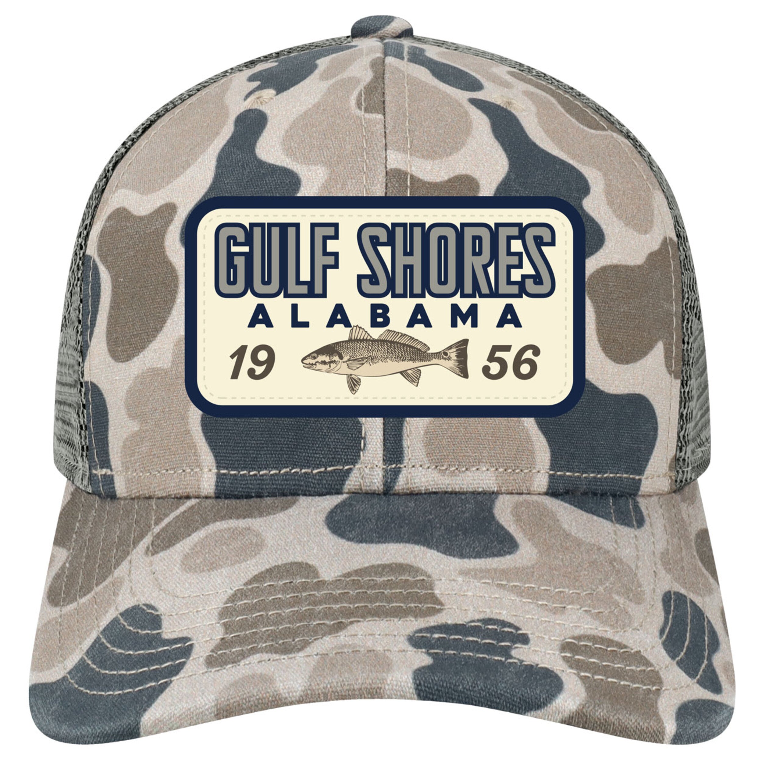 Camouflage cap with 'Gulf Shores, Alabama 1956' text and redfish illustration on a white background