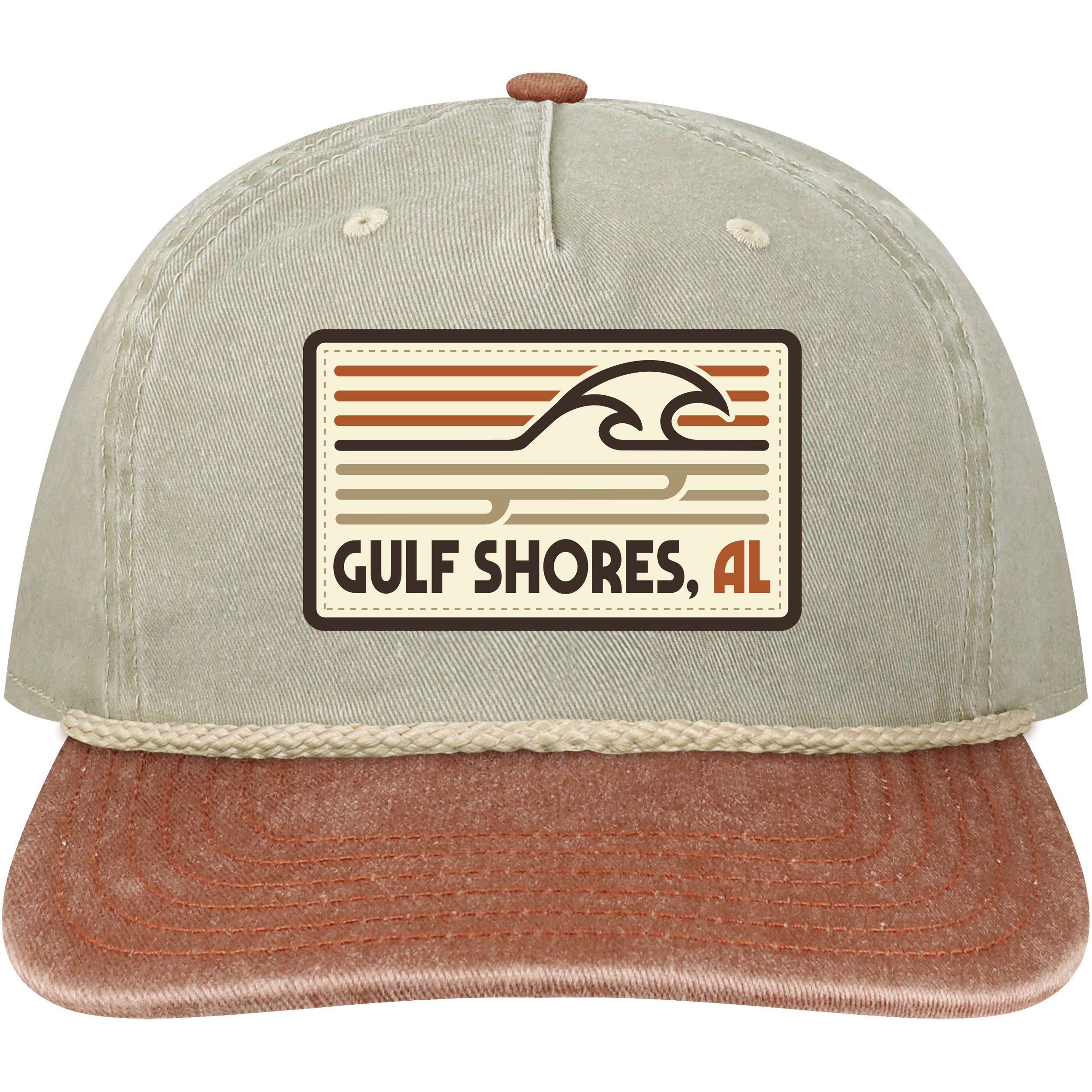 Red and grey snapback cap with 'Gulf Shores, AL' logo on a beige and brown background
