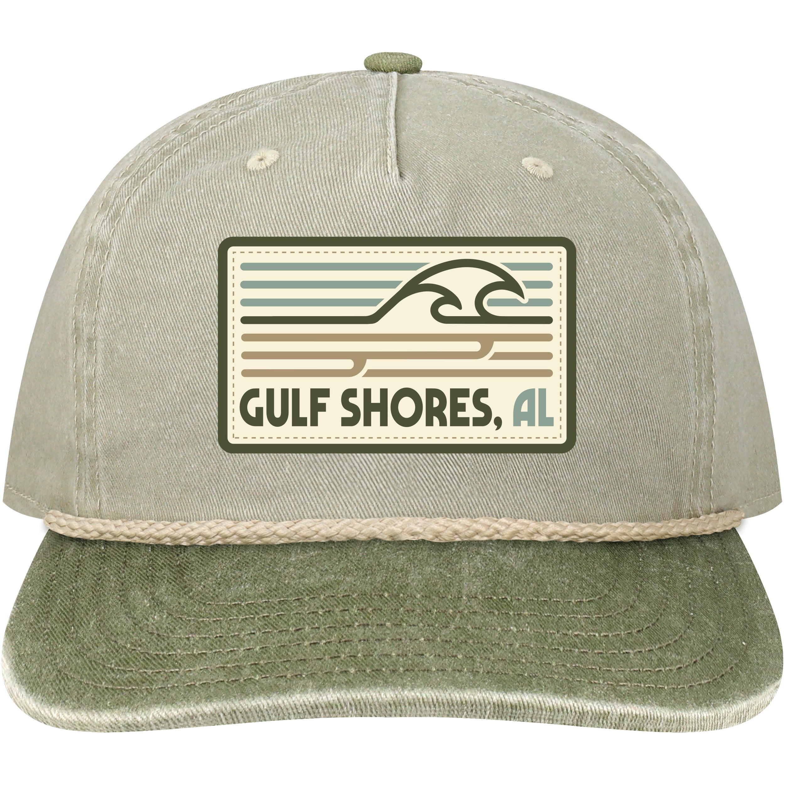 Green snapback cap with a 'Gulf Shores, AL' logo on a white background