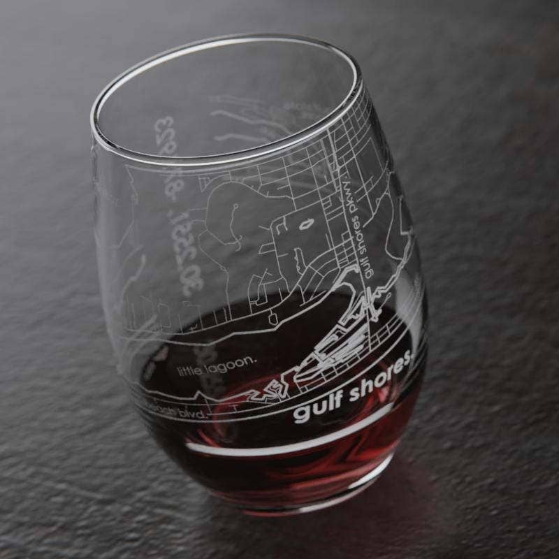 Gulf Shores AL Map Stemless Wine Glass